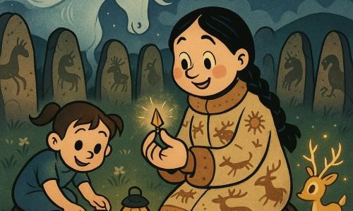 Adult woman (Alya) with a warm determined expression, round face with rosy cheeks, black hair in a long braid, wearing a beige felt coat decorated with deer and sun motifs, kneeling and holding a small bronze arrowhead wrapped in a thread of light at the center of a stone circle. Girl (Saira, ~8) with a mischievous, awed look, short hair in pigtails, simple blue dress, crouched to Alya’s left placing four small clay cups on the grassy ground near a low lantern. North Wind horse-spirit, white mist form with silver ribbon mane and icy eyes, floats behind the stones inclining its head. Small golden deer-spirit with antlers like branches leaves fireflies where its hooves touch the grass, approaching on the right. Setting: circle of twelve carved stones on a grassy valley ridge at dusk, long shimmering grass, pale flowers, low crescent moon in an indigo starry sky, weathered animal carvings on the stones. Main scene: quiet nighttime ritual—Alya and Saira invite the spirits to the 