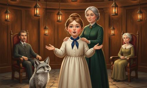A determined round-faced princess (about 14) with light brown hair up, wearing a simple ivory dress and a neatly tied navy-blue tie, stands center, speaking confidently with open hands and a calm, assured expression; a silver fox named Bristle sits beside her, tail curled, looking around; Lady Maribel (about 40), the tutor with grey hair in a deep green coat, stands just behind with a hand on the princess's shoulder; the king (about 50) and queen (about 48) sit at the back on dark wooden chairs, slightly blurred and attentive; the circular council chamber has dark wood paneling, polished stone floor and dozens of hanging lanterns casting warm orange-yellow halos; atmosphere is soft, warm and solemn with rich contrasts, visible textures and shining wood reflections; style: visible-brush acrylic painting, warm palette contrasting the navy tie, childlike yet detailed rendering.