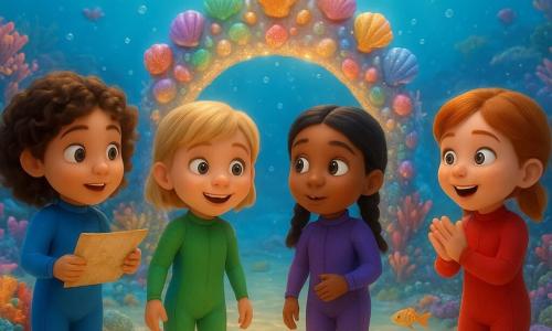 There are four children: Maya, a 6-year-old girl with curly brown hair, wearing a blue wetsuit, holding a map and standing on the left of the group. Lila, a 6-year-old girl with short blonde hair, wearing a green wetsuit, smiles and stands to the right of Maya. Noor, a 6-year-old girl with black braided hair, wearing a purple wetsuit, is to the right of Lila and looks around curiously. Tess, a 6-year-old girl with red hair and freckles, wearing a red wetsuit, is to the right of Noor and claps joyfully. The setting is a magical underwater garden with colorful corals, multicolored fish swimming around, and a shimmering shell arch in the center. Sunbeams pass through the water, creating luminous patterns on the golden sand. The main scene shows the children discovering the shell arch. They are amazed by its beauty, surrounded by fish and marine creatures observing them. The arch shines with countless colors, and the water is clear and bright, filled with bubbles and shimmering reflections.