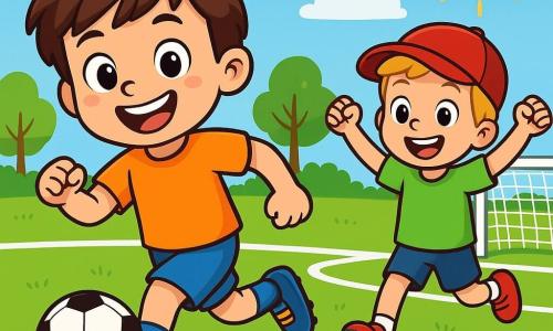 Een 6-jarig jongetje, Ties, met rommelig bruin haar en een grote blije glimlach, draagt blauwe voetbalschoenen met een gele streep. Hij dribbelt een bal op een groen voetbalveld, zijn ogen stralend van opwinding. Naast hem moedigt Jip, een 7-jarig jongetje met blond haar en een rode pet, hem aan door zijn armen te heffen, klaar om te rennen. Het veld is omgeven door goed getrokken witte lijnen en enkele groene bomen op de achtergrond, onder een zonnige blauwe lucht. Ties is van plan de bal naar het doel te schieten, zijn gezicht straalt vastberadenheid en plezier uit.