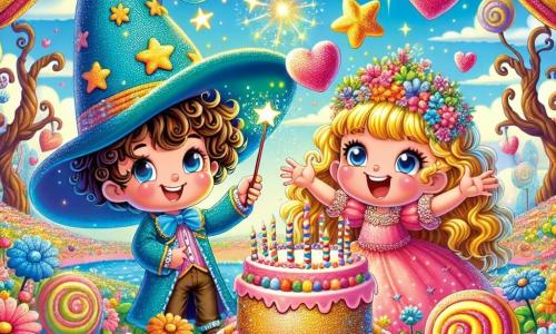 In a corner of the scene, Wiggly, a 7-year-old boy, wears a large blue hat floating above his head, adorned with sparkling golden stars. He has curly hair and a mischievous smile, holding a magic wand in his right hand. Next to him is Twinkle, a 6-year-old girl with long, shiny hair like strands of gold, wearing a pink dress decorated with glitter. She joyfully laughs, hands raised in the air, ready to celebrate their creation. Their environment is a colorful field in Gigglewood, filled with multicolored flowers dancing in the wind. In the background, twisted trees with heart-shaped leaves add a touch of magic, while a bright blue sky is dotted with candy-shaped clouds. The main scene shows Wiggly and Twinkle, both amazed, in front of a huge sparkling pink cake that has just appeared, with shiny sprinkles glistening in the sun. They are surrounded by floating magic bubbles, and a large shadow of a funny worm looms behind them, adding a humorous touch to this enchanted scene.