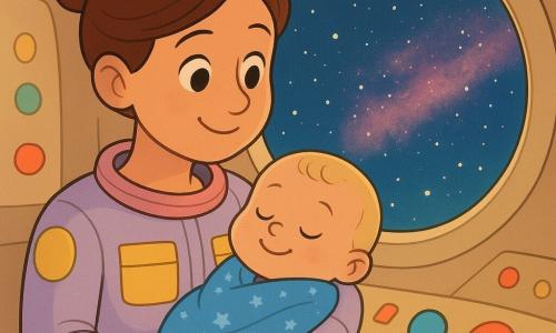 Mulher sorridente e gentil, cabelo castanho preso em coque, vestindo uma roupa espacial em tons pastéis com bolsos amarelos, segura com cuidado um bebê de cerca de 6 meses, rechonchudo e adormecido, envolto numa manta azul com estrelinhas; a cabine circular e acolhedora tem paredes creme, painéis de controle coloridos com grandes botões vermelho, azul e verde e luzes suaves que piscam, e pela janela redonda vê‑se um céu estrelado com uma nuvem de poeira espacial rosa e azul a cintilar como confetes; a mulher, com expressão protetora, apoia uma mão num botão azul luminoso enquanto a cabine é banhada por luzes verdes e rosas, criando uma atmosfera calma e segura.