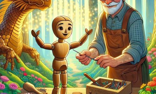 Pinocchio, um jovem garoto de madeira com olhos brilhantes e um largo sorriso, está no centro do palco, de braços abertos com admiração, cercado por folhas verdes vibrantes e flores coloridas. Seu corpo de madeira é delicadamente esculpido, com detalhes das veias de madeira e uma pequena gravata vermelha que adiciona um toque de charme. Ao seu lado, Gepeto, um homem idoso de rosto suave e sorridente, com barba branca e óculos redondos, observa seu filho com orgulho. Ele usa um avental de couro e segura uma ferramenta de escultura em uma mão, mantendo-se ligeiramente afastado, mas irradiando amor e apoio. Ao fundo, o dragão dourado, majestoso e cintilante, se ergue orgulhosamente, suas escamas brilham sob a luz do sol, e seus olhos sábios olham para Pinocchio com benevolência, soprando suavemente, liberando faíscas mágicas que iluminam a cena. O local é uma floresta encantada, onde as árvores são altas e majestosas, com folhas formando um teto verde. Raios de sol penetram pelas ramas, iluminando o chão coberto de flores multicoloridas e cogumelos de formas estranhas. A cena principal mostra Pinocchio, emocionado e feliz, descobrindo a magia do espelho da natureza, enquanto as cores vibrantes da floresta renascem ao seu redor, criando uma atmosfera de alegria e admiração.