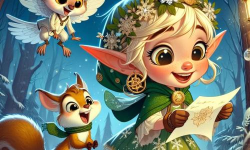 Tink, een klein elfje met gouden haren en grote puntige oren, is vol opwinding met een grote glimlach op haar gezicht. Ze draagt een groene jurk versierd met sneeuwvlokken en houdt een glanzende brief in haar handen. Naast haar springt Bliksem, een ondeugende eekhoorn met een bruine vacht en sprankelende ogen, van blijdschap, met zijn kleine pootjes omhoog. Luna, een wijze uil met witte veren en gouden ogen, kijkt vriendelijk naar hen vanuit een boomtak, klaar om hen te begeleiden. Hun avontuur speelt zich af in het betoverde bos van Glimmergroen, waar de bomen schitteren als diamanten onder het maanlicht en sneeuwvlokken zachtjes vallen, waardoor de grond bedekt is met een stralende witte deken. Tink, Bliksem en Luna staan samen, klaar om op zoek te gaan naar de magie van Kerstmis, met de mysterieuze brief in de hand, die hun zoektocht symboliseert om de magie en wensen van Kerstmis naar alle kinderen ter wereld te brengen.