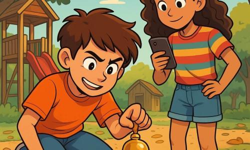 Een 12-jarig jongen, Tom, met rommelig kastanjebruin haar en nieuwsgierige ogen, zit op de grond en onderzoekt aandachtig een kleine gouden bel die hij net heeft gevonden. Zijn gezicht straalt enthousiaste vastberadenheid uit, met een brede glimlach en gefronste wenkbrauwen van concentratie. Naast hem staat Noor, een 11-jarig meisje met lang, krullend haar, in een kleurrijk gestreept T-shirt en een spijkerbroekshort, die geïnteresseerd toekijkt en foto's maakt met haar telefoon. Ze staat iets op afstand met haar handen op haar heupen, met een nieuwsgierige en aanmoedigende blik. De achtergrond is een klein dorpspark met een houten speelplaats, een felrode glijbaan en loofbomen die schaduw bieden. De grond ligt vol met gouden bladeren en kleine steentjes, en in de verte is een oud houten hutje te zien. De hoofdscène toont Tom en Noor die op onderzoek uit zijn, terwijl ze mysterieuze aanwijzingen ontdekken over een verdwenen kleurrijke rad, omgeven door een sfeer van opwinding en mysterie, met zonnestralen die door de takken van de bomen filteren.