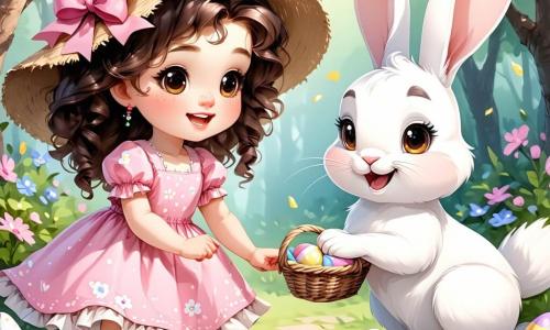Una bambina di un anno, con grandi occhi brillanti e riccioli castani, indossa un vestito rosa a fiori e un cappello di paglia. È piena di gioia e sorride mentre cerca le uova di Pasqua nel giardino. Accanto a lei, un adorabile coniglietto di Pasqua, con pelliccia bianca e grandi orecchie, la guarda con un sorriso malizioso. Tiene un uovo colorato tra le zampe anteriori e si trova proprio accanto a lei, pronto ad aiutarla nella sua ricerca. Il giardino è luminoso e soleggiato, pieno di fiori colorati, alberi verdi e erba fresca. Uova di Pasqua dai colori vivaci sono nascoste tra i fiori e sotto le foglie, creando un'atmosfera festosa e gioiosa. La scena mostra Sofia mentre si piega per raccogliere un uovo blu brillante, mentre il coniglietto la incoraggia con entusiasmo. L'atmosfera è piena di magia e felicità, catturando lo spirito della caccia alle uova di Pasqua.