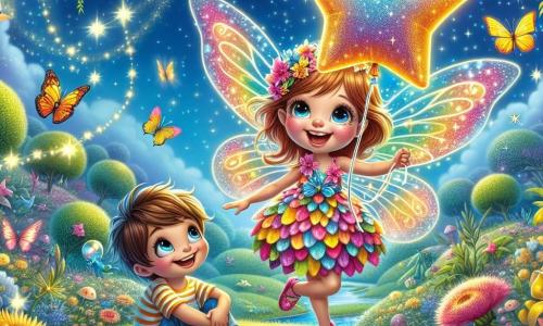 Una piccola fata di nome Luminella, con ali scintillanti e un vestito fatto di petali di fiori colorati, sorride gioiosamente tenendo un grande pallone a forma di stella. I suoi occhi brillano di eccitazione mentre si trova al centro dell'immagine, circondata dalla magia. Accanto a lei, un ragazzo di 8 anni di nome Marco, con capelli castani arruffati e una maglietta a righe, guarda il pallone con meraviglia. È seduto sull'erba verde, con le gambe incrociate, e sembra pronto a saltare di gioia. Il decor è un giardino incantato, pieno di fiori vivaci, farfalle danzanti e un ruscello scintillante che si snoda attraverso il paesaggio. Alberi maestosi con foglie dorate circondano la scena, creando un'atmosfera magica e accogliente. La situazione principale mostra Luminella e Marco che celebrano il recupero del pallone stellato, circondati da risate e gioia, pronti a condividere una nuova avventura insieme in questo mondo fatato.