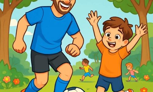 Marco, un uomo atletico di circa trent'anni, sta dribblando un pallone da calcio con un grande sorriso sul volto, gli occhi brillanti di gioia e determinazione. Indossa una maglietta blu vivace, pantaloni neri e scarpe da ginnastica lucide. Accanto a lui, Luca, un ragazzo di 8 anni con i capelli castani e gli occhi pieni di eccitazione, cerca di imitarlo, alzando le braccia al cielo con un sorriso radioso. Sullo sfondo, un parco verdeggiante è pieno di alberi maestosi e fiori colorati, con altri bambini che giocano a calcio. La scena trasmette un'atmosfera di camaraderie e felicità, illustrando il piacere del gioco e lo spirito di squadra.