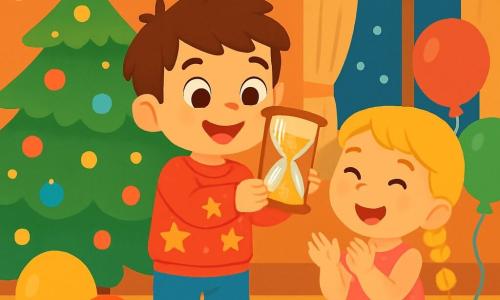 A 4-year-old boy with messy brown hair and a bright smile stands in the center of a festive room. He wears a red sweater with golden stars and blue pants. His eyes sparkle with excitement as he holds a small magic hourglass, watching the shimmering sand flow. Next to him, his cousin Lily, a 5-year-old girl with braided blonde hair and a glittery pink dress, joyfully claps while sitting on the floor surrounded by colorful balloons. The scene takes place in a warm living room decorated with string lights and multicolored balloons. A large Christmas tree sparkles in one corner, adding to the festive atmosphere. The boy and his cousin are celebrating New Year's Eve with their family, eagerly awaiting the moment when the hourglass runs out, marking the start of a new year full of promises.