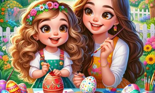 Una bambina di 4 anni, Sofia, con grandi occhi brillanti e capelli ricci castani, sta dipingendo uova di Pasqua colorate su un tavolo di legno. Sorride con entusiasmo, tenendo un pennello in una mano e un uovo rosso nell'altra, circondata da barattoli di vernice vivaci. Accanto a lei, la mamma, una donna di circa 30 anni con capelli lunghi e lisci, indossa un grembiule colorato e la incoraggia con un sorriso caloroso, piegata su un uovo blu mentre aggiunge motivi floreali. Lo sfondo è un bel giardino primaverile, pieno di fiori colorati e alberi in fiore, con un cielo blu chiaro e alcune nuvole bianche e soffici. Una grande tovaglia a quadretti è stesa sull'erba e un cestino pieno di uova decorate è posato accanto a loro. La scena principale mostra Sofia e sua mamma mentre creano opere d'arte per Pasqua, in un'atmosfera gioiosa e festosa, piena di colori e creatività.