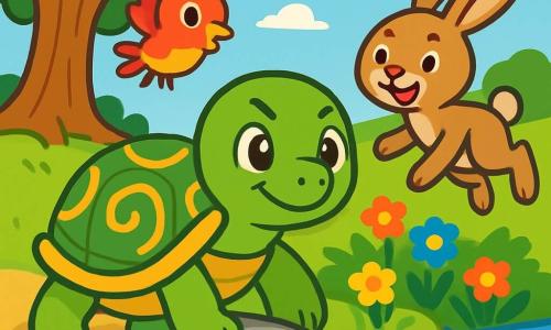 Una tartaruga di nome Tilla, con un bel guscio verde decorato da motivi dorati, sorride con occhi scintillanti di determinazione. Si trova vicino a un ruscello scintillante, con le zampe anteriori appoggiate su una pietra liscia, pronta ad aiutare. Accanto a lei, un piccolo uccello colorato di nome Pio, con piume rosse e gialle, vola allegramente intorno a lei, mostrando un'espressione entusiasta. Più in là, una lepre di nome Lalla, con pelo marrone chiaro e grandi orecchie, salta energicamente, pronta a partecipare all'avventura. Sullo sfondo, una maestosa quercia con foglie verdi vibranti e fiori multicolori borda il ruscello, creando un'atmosfera magica. La scena mostra Tilla e i suoi amici mentre lavorano insieme per liberare il ruscello, con riflessi di luce nell'acqua e risate nell'aria.
