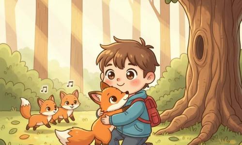 A 6-year-old boy with a delighted smile, bright eyes, messy brown hair, a blue jacket and red backpack crouches, hugging a small orange fox ("Fidget") who wags its fluffy tail against him at the center of the image; two lighter-furred kits play and bounce in the left background with tiny laughter notes; the scene is at the edge of a magical forest with a huge gnarled oak to the right, a carpet of green and golden leaves and sunbeams filtering through, depicting a warm, joyful reunion after an adventure in soft, contrasting pastel colors (tender greens, warm oranges, gentle blues), centered composition, rounded simple shapes, warm light and a comforting atmosphere.