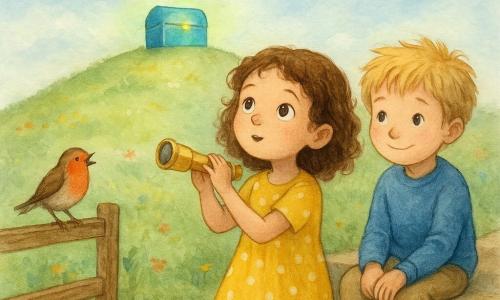 A 6-year-old girl, Maya, with brown curly hair, wears a yellow dress with white polka dots. She has a look of wonder and curiosity, holding a small golden telescope in her hands. Next to her, a 7-year-old boy, Theo, with blond tousled hair, sits on a bakery step, smiling shyly. He wears a blue sweater and beige pants. In the background, a green hill dotted with wildflowers has a shiny blue box at the top, emitting a soft green glow. The sky is scattered with fluffy clouds and a small robin perches on a wooden fence, singing joyfully. The scene exudes an atmosphere of discovery and magic, where time seems to stand still.