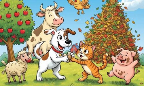 Bolinha, um cão alegre e aliviado de pelo curto branco com manchas castanhas, abana a cauda segurando um osso, enquanto Miau, gato risonho ruivo com listras brancas, lhe oferece o osso; ao fundo a vaca Mimosa, grande e mansa de pelagem creme com manchas pretas, sorri, o porco Pipo pula numa pilha de folhas, a galinha Pintadinha voa por cima e a ovelha Lili mastiga uma maçã junto a um macieira; tudo acontece no topo de uma colina verde com relva ondulante, maçãs vermelhas, uma casinha de fazenda vermelha e céu azul com nuvens, numa cena festiva de reencontro, cores vivas e gestos animados.