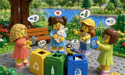 Sunt patru fete într-un parc însorit construit din cărămizi LEGO: Mara, 6 ani, păr brun în două cozi, rochie bleu, ține un iepuraș de pluș reparat la piept în centrul grupului; Daria, 5 ani, păr blond buclat, rochie coral, stă în stânga și aruncă o doză metalică în compartimentul galben; Ilinca, 6 ani, păr șaten deschis, șapcă galbenă, jeanși, stă în dreapta și arată spre compartimentul verde pentru sticlă; Sofia, 5 ani, păr brun scurt, ochelari rotunzi, rochie verde, arată un pliant albastru spre compartimentul albastru pentru hârtie. Fundal: alee gri, iarbă verde, tufișuri cu flori, un lac albastru și un copac mare, un banc portocaliu și o pancartă colorată lângă coșuri; coș triplu LEGO: albastru pentru hârtie, galben pentru plastic/metal, verde pentru sticlă; atmosferă luminoasă, gesturi clare, mici simboluri de acțiune LEGO și o pasăre LEGO pe coș care pare că cântă.