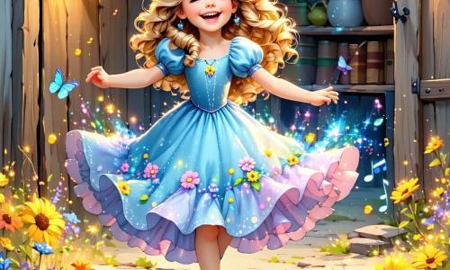 Prințesa Lili, o fetiță de aproximativ 10 ani, are părul lung, blond și creț și poartă o rochie colorată împodobită cu flori care cântă. Ea dansează vesel în mijlocul unei grajduri magice, cu fața strălucind de fericire și șiretenie, în timp ce se împiedică ușor de rochie, provocând râsete în jurul ei. Lângă ea, Prichindel, un goblin jucăuș de aproximativ 8 ani, cu pielea verde și urechi ascuțite, râde în hohote încercând să o imite, stând pe o picior, ceea ce îl face și mai comic. Mai departe, Bubu, o purcelușă roz și rotundă, stă pe o floare uriașă, ținându-se de burtă de râs, obrajii ei roz întinzându-se într-un zâmbet contagios. Decorul este o grajd magic, plin de flori colorate care dansează și cântă, cu copaci cu trunchiuri răsucite și un cer albastru strălucitor presărat cu nori în formă de bomboane. Scena emană o atmosferă veselă și ludică, unde magia și distracția se îmbină armonios. Situația principală o arată pe Lili dansând stângaci, provocând râsete printre prietenii ei, în timp ce se împiedică de rochie și face un goblin să cadă într-un iaz, creând o explozie de apă și bucurie în jurul lor.