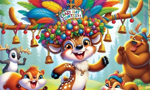 Un ren cu numele Rudi, cu blană maro presărată cu pete albe, poartă o pălărie gigantică și extravagantă în formă de vrabie, decorată cu pene colorate și clopoței care sună vesel. Rudi are un zâmbet strălucitor și ochi sclipitori de entuziasm, dansând pe picioarele din spate, înconjurat de prietenii săi. Lângă el, o veveriță mică numită Vivi, cu blană roșie strălucitoare și o coadă pufoasă, sare de bucurie, ținând un mic panou care spune 