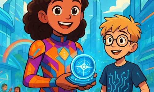 A 12-year-old girl, Mira, with curly brown hair and sparkling curious eyes, stands at the center of the scene, a big smile lighting up her face. She wears a bright, futuristic jumpsuit adorned with shimmering geometric patterns and holds a glowing device in her hands, the Innovator's Compass, which emits a soft blue light. Beside her is her best friend Theo, also 12, with messy blonde hair and round glasses, watching in wonder. He wears a t-shirt with electronic circuit patterns and denim shorts, looking at Mira with admiration, ready to help her on her adventure. The setting is the Plaza of Innovation, a vibrant futuristic square surrounded by glass and crystal buildings sparkling in the sun. Dancing light fountains project bright rainbows around them, while drones float in the azure sky delivering packages. Mira and Theo stand in front of a massive holographic screen displaying futuristic inventions, ready to dive into a new adventure. The atmosphere is filled with excitement and creativity, with children laughing and sharing their ideas around them.