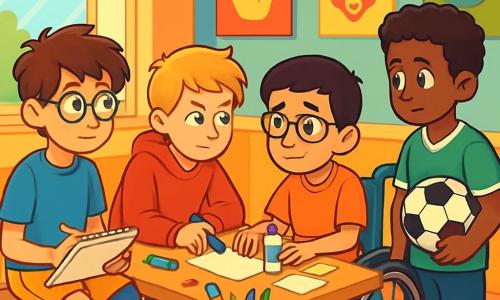 There are 4 children: - Sam: An 11-year-old boy with messy brown hair and round glasses, wearing a blue t-shirt and yellow shorts, sitting on a chair with a sketchbook on his lap. - Ethan: A 10-year-old boy with blond hair and sparkling eyes, wearing a red hoodie and jeans, leaning forward, playing with a marker cap. - Amir: An 11-year-old boy of Arab descent with black hair and glasses, in a wheelchair decorated with colorful stickers, smiling despite his discomfort, surrounded by paper and glue. - Jayden: A 12-year-old boy with curly hair and dark skin, wearing a green soccer jersey and holding a soccer ball under his arm, watching his friends closely. The setting is the art room of the Maplewood Youth Center, with brightly painted walls, wooden tables covered in art supplies, and cultural posters on the walls. Sunlight filters through large windows, creating a warm and welcoming atmosphere. The main scene shows the four friends gathered around a table, seriously discussing their project for Cultural Friendship Day. Amir, while smiling, seems a bit sad, while Sam, Ethan, and Jayden exchange worried glances, aware of the teasing Amir has faced.
