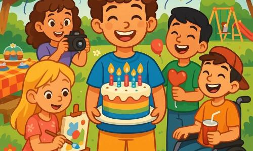There are 5 characters: Jamie, a 12-year-old boy with curly brown hair, wearing a blue t-shirt and yellow shorts, is in the center, smiling while holding a large, colorful cake decorated with candles. Mia, a 12-year-old girl with long blonde hair, wearing a pink floral dress, stands to the left of Jamie, painting a small canvas with bright colors. Oliver, a 12-year-old boy with short black hair, wearing a green t-shirt and jeans, is to the right of Jamie, laughing and holding a heart-shaped balloon. Sophie, a 12-year-old girl with curly brown hair, wearing a purple t-shirt and denim shorts, is behind Jamie, smiling and holding a camera, ready to capture the moment. Ethan, a 12-year-old boy with brown hair and a red cap, wearing an orange t-shirt, is in a wheelchair at the back, smiling and holding a fizzy drink. The scene takes place in a sunny park filled with lush greenery and colorful flowers. Balloons float in the air, and a large picnic table is decorated with bright tablecloths, cakes, and treats. In the background, children are playing on swings and slides. The main situation shows Jamie and his friends celebrating his birthday, surrounded by laughter and joy, gathered around a beautiful birthday cake, ready to sing and make a wish, while sunlight illuminates their happy faces.