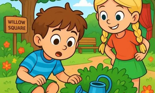 A 6-year-old boy, Timothy, with big brown eyes and messy brown hair, looks on with curiosity and excitement. He wears a blue striped shirt and green shorts, crouched near a flowering bush, holding a small stick like a detective. Next to him is his best friend Mia, a 6-year-old girl with braided blonde hair and a mischievous smile, carefully observing the bush with her hands on her hips. Their setting is the charming Willow Square, filled with colorful flowers, wooden benches, and a large tree with lush foliage. In the center, a large red curtain conceals a stage, adding a touch of mystery to the place. The main scene shows Timothy and Mia discovering Mrs. Rose's precious watering can, hidden in the bush, surrounded by feathers and dirt, with looks of surprise and adventure on their faces.