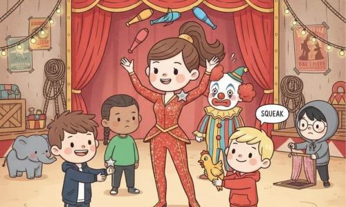 Six characters in a circus tent: Leo, a ~12-year-old boy with messy brown hair and a navy jacket, smiling and holding a small sparkling silver star at front left; Max, ~12, short blond hair and a red sweatshirt, next to Leo brandishing a squeaking yellow rubber chicken; Jamal, ~12, olive skin and short braid in a green shirt, calm and watchful slightly behind center; Toby, ~12, black hair under a gray hood and round glasses, at back right discreetly pulling a string for a stage trapdoor; Zara, a ~25-year-old female circus performer in a red-and-gold sequined costume with long tied-back hair and a silver star pinned on her shoulder, tossing clubs and colorful scarves center stage; and Crispin, an adult clown in striped costume with white makeup and a slightly askew red nose, surprised and embarrassed behind Zara. Scene: medium shot inside a large circus tent with pale sand floor, red-and-gold ropes and curtains, string lights, vintage posters, props crates and a calm elephant to the side; festive atmosphere, bright colors, joyful expressions and dynamic movement as Zara juggles while the boys and the clown participate — Leo offers the silver star, Max waves the rubber chicken, Jamal watches protectively, Toby triggers a curtain effect, Crispin is awkwardly involved.
