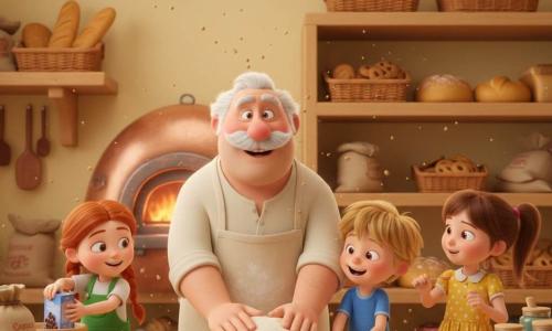 A smiling round-faced baker with a soft white mustache and a slightly flour-dusted cream apron shapes a ball of dough on a light wooden board while three children help: Lily, about 7, with brown pigtails and a yellow polka-dot dress watches in wonder holding a small spoon to his right; Max, about 6, with tousled blond hair and a blue T-shirt presses the dough with both hands and laughs in front of the counter; Emma, about 5, with red hair in braids and a green overall shakes a box of chocolate chips and smiles to the left near a bowl. The warm bakery has pale yellow walls, wooden shelves filled with golden breads and biscuits, a shiny copper oven with soft orange light, and flour bags and colorful jars on the counter. The scene shows a joyful, lively group making rising dough with floating crumbs and flour, soft rounded compositions, warm colors and clear contrasts for a cozy 3D look appealing to young children.