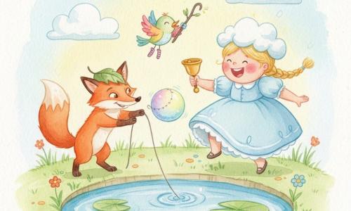 A joyful, laughing little princess with a round face, rosy cheeks and braided blonde hair wears a pastel blue dress and a small cloud-like hat; she holds a golden bell and reaches for a shiny ball. Beside her to the left, a mischievous but friendly red fox in a leaf hat stands on its hind legs helping pull the ball from a small blue pond. A tiny colorful bird wearing striped socks flies above holding a hooked twig, looking helpful. The scene shows a circular pond beside a green grassy path with floating water lilies, simple flowers and fluffy clouds, in soft morning light with pastel watercolor textures; the princess retrieves the ball with the fox and bird amid gentle movement, laughter and a safe, joyful atmosphere.