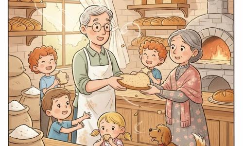 A friendly smiling baker, Mr. Oliver, with light gray hair, round glasses and a flour‑stained white apron, shapes a large heart-shaped loaf on a light wooden counter in a warm bakery while handing a big slice to Mrs. Maple, an admiring woman in her 60s wearing a floral dress and shawl; nearby children — a delighted 6-year-old brown-haired boy reaching for a slice, a 5-year-old blonde girl tasting a crumb on the counter, and a laughing curly red-haired 7-year-old holding his piece — watch happily as Biscuit, a small brown fluffy dog with a wagging tail, sits by Mrs. Maple; the cozy interior has light brick walls, wooden shelves of golden breads, sacks of flour, a stone oven glowing soft orange, tiled floor and a morning-lit display, with a translucent breeze swirling crumbs and a curtain.