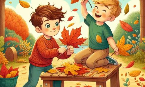 Two boys, Max and Leo, are at the center of the image. Max, 7 years old, has messy brown hair and is wearing a red sweater with blue jeans. He is picking up a golden leaf, smiling with sparkling eyes. Leo, 6 years old, has blond hair and is wearing a green t-shirt with beige shorts. He is holding a large red leaf above his head, laughing joyfully. They are in an autumn garden, surrounded by trees with vibrant orange and yellow leaves, while the ground is covered with a carpet of crunchy leaves. The sky is a clear blue with a few fluffy white clouds. The scene shows the two boys creating a leaf collage on a wooden table, with colorful leaves scattered around them. The atmosphere is joyful and warm, capturing the spirit of autumn.