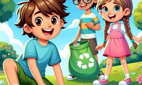 Um garoto de 6 anos, Léo, com cabelos castanhos bagunçados e um grande sorriso alegre, usa uma camiseta azul e um short verde. Ele está agachado, recolhendo lixo colorido no parque, com uma expressão determinada. Ao lado dele, Mia, uma menina de 6 anos com cabelos loiros trançados, usa um vestido rosa e segura um saco de reciclagem, olhando para Léo com entusiasmo. Tom, um menino de 6 anos com cabelos negros e óculos redondos, está um pouco mais longe, segurando uma garrafa plástica que exibe com orgulho. Sofia, uma menina de 6 anos com cabelos castanhos e óculos de sol, sorri enquanto segura um cartaz colorido escrito "Protejamos a natureza!". O parque está cheio de árvores verdes, flores coloridas e um céu azul brilhante, com algumas nuvens brancas fofas. No chão, há lixo espalhado, mas Léo e seus amigos trabalham juntos para limpar o local. A cena principal mostra Léo e seus amigos em ação, unindo forças para tornar o parque mais limpo e acolhedor, com expressões de alegria e camaradagem em seus rostos.