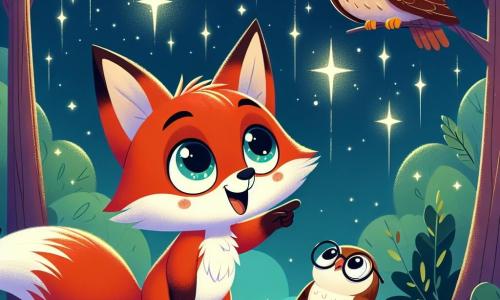 Um pequeno raposo chamado Rafi, com pelagem ruiva brilhante e grandes olhos curiosos, está em uma colina verdejante, olhando para o céu estrelado com um sorriso encantado. Ele sente alegria e curiosidade, com as orelhas pontudas levantadas para o céu. Ao seu lado, uma sábia coruja de penas marrons e brancas, com óculos redondos no nariz, flutua suavemente no ar. Ela tem um olhar bondoso e encorajador, mostrando a ele as estrelas cintilantes com uma asa. O lugar é uma floresta encantada, banhada por uma suave luz de lua, onde majestosas árvores se erguem ao redor, com folhas brilhantes refletindo as estrelas. O chão está coberto de flores coloridas que se abrem sob a luz noturna. Nessa cena, Rafi supera seu medo do escuro admirando as estrelas, enquanto a coruja o encoraja a ver a beleza da noite.
