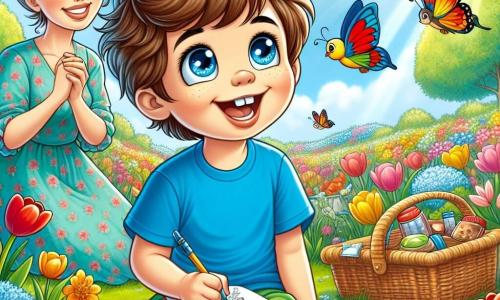 Ein 8-jähriger Junge, Ben, mit zerzausten braunen Haaren und großen, leuchtend blauen Augen, sitzt in einem blühenden Garten. Er trägt ein leuchtend blaues T-Shirt und grüne Shorts, ein strahlendes Lächeln erhellt sein Gesicht, während er einen bunten Vogel beobachtet, der auf einem Ast über ihm sitzt. Seine Mutter, eine Frau in den Dreißigern mit braunen Haaren im Dutt, steht in der Nähe und lächelt, während sie einen Picknickkorb voller Leckereien hält. Sie trägt ein leichtes, blumenmusterndes Kleid, das der Szene Farbe verleiht. Der Garten ist ein wahres Frühlingsbild, gefüllt mit leuchtenden Tulpen, goldenen Narzissen und Schmetterlingen, die in der sanften Luft umherfliegen. Der Himmel ist strahlend blau, gesprenkelt mit einigen flauschigen weißen Wolken. Die Hauptsituation zeigt Ben, der fasziniert in sein kleines Notizbuch schreibt, gefangen von der Schönheit der Natur um ihn herum, während seine Mutter ihn zärtlich ansieht, bereit, einen Moment der Freude mit der Familie zu teilen.
