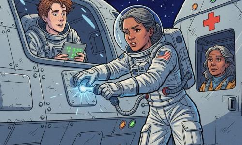 Astronaut Mara Veldt, vastberaden en kalm, met licht gefronste wenkbrauwen en gebonden asbruin haar, draagt een wit-grijs ruimtepak met dikke handschoenen en zweeft tijdens een EVA terwijl ze met één hand een glanzende zilveren patch op een stralende scheur in de romp plakt en met de andere een blauwgetinte LED-lamp vasthoudt; binnen kijkt de 18–20-jarige jongen Juno, licht getinte huid met sproeten en warrig kastanjebruin haar, vanaf een doorzichtige luik ademend opgelucht en met een tablet met groene cijfers; kapitein Lian, 45–55 jaar, gerijpt maar sereen met peper-en-zout haar, ligt in een medpod achter een deur met een rood kruis en kijkt dankbaar naar de scène; decor: metalen oppervlak van vrachtvaarder Zwaluw met panelen, bouten en krassen, platte radiatorvleugels, knipperende oranje en groene LED’s, en op de achtergrond de blauwe Aarde en grijze Maan onder een sterrenhemel — een noodreparatie in gewichtloosheid, gespannen maar geruststellend, dynamische compositie, felle kleuren, strakke contouren en hoog contrast in een vrolijke maar serieuze popartstijl.