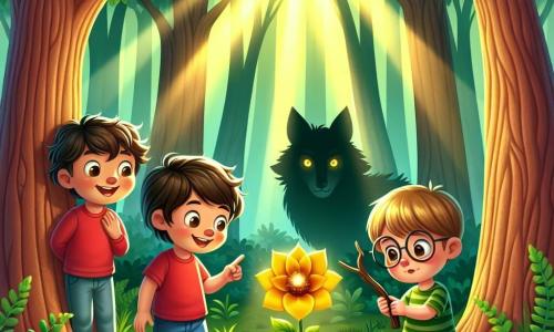 Er zijn drie personages: 1. Léo, een 8-jarig jongetje met rommelig bruin haar en een rode t-shirt. Hij staat links, glimlachend en wijst naar een mysterieuze gouden bloem. 2. Max, een 7-jarig jongetje met blond haar en ronde brillen. Hij staat in het midden, met verwonderde ogen, een stok vasthoudend als een zwaard. 3. Sam, een 9-jarig jongetje met zwart haar en een blauwe short. Hij staat rechts, met zijn armen gekruist, met een vastberaden uitdrukking en kijkt nieuwsgierig naar de bloem. De locatie is een betoverd bos, met grote bomen met dikke stammen, heldergroene bladeren en zonnestralen die door het loof schijnen, waardoor de grond verlicht wordt met kleurrijke bloemen. Op de achtergrond verschijnt een mysterieuze schaduw, die de grote boze wolf voorstelt, die de kinderen met een zowel verdrietige als nieuwsgierige blik observeert. De belangrijkste situatie toont de drie vrienden die de Zonnebloem ontdekken, een schitterende bloem die een zachte gouden gloed uitstraalt, symbool van hoop voor de wolf. De kinderen staan rond de bloem, klaar om de wolf te helpen zijn vloek te doorbreken.