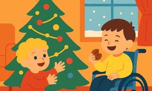 Es gibt zwei Hauptfiguren: - Ein kleiner Junge namens Ben, fast zwei Jahre alt, mit lockigem blondem Haar und rosigen Wangen, sitzt auf dem Boden und streckt die Hände zu einem funkelnden Weihnachtsbaum aus. - Ein anderer kleiner Junge namens Tom, ebenfalls fast zwei Jahre alt, mit kurzen braunen Haaren und einem strahlenden Lächeln, sitzt in einem kleinen Rollstuhl neben Ben und hält einen Keks in der Hand. Der Ort ist ein gemütliches Wohnzimmer mit einem großen Weihnachtsbaum, geschmückt mit Lichterketten und bunten Kugeln, in der Nähe eines Fensters, durch das man den Schnee sanft fallen sieht. Die Hauptsituation zeigt Ben und Tom, die vom Baum fasziniert sind, wobei Ben einen leuchtenden Stern an der Spitze berührt und Tom fröhlich lacht, umgeben von Keksbröseln. Die Stimmung ist festlich und hell, mit lebhaften Farben und sanften, kindlichen Details.