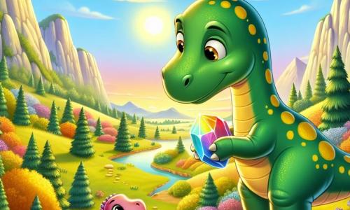 Un diplodocus uriaș și prietenos numit Dino, cu pielea verde și pete galbene, stă într-o vale frumoasă și însorită, având o expresie de curiozitate și uimire în timp ce descoperă o piatră strălucitoare. Lângă el, sora lui mai mică Didi, un adorabil dinozaur roz cu ochi mari și rotunzi, se uită la piatră cu fascinație, sărind de bucurie. Valea este înconjurată de munți măreți, cu copaci colorați și flori strălucitoare care adaugă viață mediului. În depărtare, un cer albastru deschis se transformă lent într-un apus de soare auriu, simbolizând sfârșitul unei zile de aventuri. Scena surprinde momentul în care Dino și Didi descoperă piatra prețioasă, plini de uimire și bucurie, pregătiți să exploreze împreună.