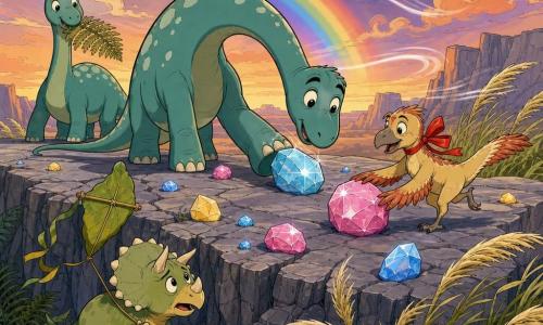 Dippy, a young long-necked diplodocus, looks amazed and focused with wide eyes as he stretches his neck to gently push a shiny Sky Stone; Twirl, a small feathered dinosaur with a red ribbon, joyfully helps push another Sky Stone beside him; Tiny Terry, a frightened but grateful baby triceratops, holds a leaf kite at the base of a rock watching Dippy; Daisy, Dippy’s sister, stands a few steps left in the background chewing a fern leaf and smiling; the rocky plateau is paved with grey slabs and scattered glittering Sky Stones (blue, pink, yellow), wind shown as white curved swirls moving tall grass and multicolored clouds; the scene depicts repairing the Sky Stones and rescuing the kite at dusk with a soft rainbow overhead, bright colors, clear composition, and a European comic style.