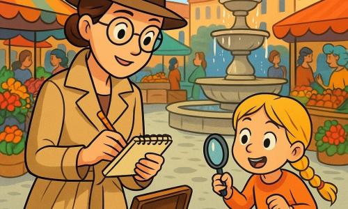 La detective Lucia, una donna di circa trent'anni con i capelli castani raccolti in uno chignon e occhiali rotondi, si trova al centro della scena, con un'espressione concentrata e curiosa, mentre tiene un taccuino e una penna. Indossa un trench beige e un cappello da detective, e il suo sguardo vivace mostra il suo entusiasmo per risolvere il mistero. Accanto a lei, Giulia, una bambina di sei anni con capelli biondi intrecciati, osserva con occhi spalancati, tenendo una piccola lente d'ingrandimento in mano. È piena di energia e curiosità, pronta ad aiutare Lucia nella sua indagine. Sullo sfondo, il mercato animato della piazza è pieno di bancarelle colorate, con fiori vivaci e frutta fresca. La situazione principale mostra Lucia e Giulia che esaminano una misteriosa scatola di legno lasciata vicino alla fontana, circondata da alcuni curiosi. La scatola è aperta, rivelando una sciarpa rossa e una chiave antica, mentre delle impronte di passi si delineano sul pavimento, suggerendo un'avventura emozionante in arrivo.