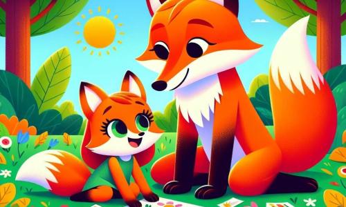 Foxy, una piccola volpe dai vivaci peli arancioni e con grandi occhi scintillanti di gioia, è seduta sull'erba verde, circondata da foglie e fiori colorati, mentre crea un collage per suo papà. Accanto a lui, suo padre, una volpe dai peli rossi e dallo sguardo tenero, sorride con orgoglio guardando il figlio, con le orecchie rizzate e un'espressione piena d'amore. Lo scenario è un parco soleggiato, con alberi maestosi dalle foglie brillanti, fiori dai colori vivaci e un cielo azzurro chiaro punteggiato da alcune nuvole bianche e soffici. La situazione principale mostra Foxy, concentrato e felice, mentre prepara un regalo speciale per la festa del papà, mentre suo padre lo incoraggia con un sorriso caloroso, creando un'atmosfera di gioia e amore familiare.