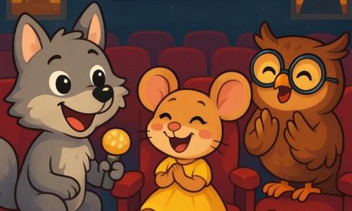 Een vrolijke kleine wolf met een zachte, donzige vacht, die breed glimlacht, houdt een micro-popcorn vast in de vorm van een microfoon. Hij zit op een bioscoopstoel met sprankelende ogen van opwinding. Naast hem lacht een klein muisje met grote oren, gekleed in een te grote glinsterende jurk, met roze wangen en stralende ogen van blijdschap. Een wijze uil met bruine veren en een paar scheve brillen op zijn snavel applaudisseert enthousiast met zijn uitgespreide vleugels, klaar om te zingen. De scène speelt zich af in een donkere bioscoopzaal, gevuld met rode stoelen en oude filmposters aan de muren. Fonkelende lichten verlichten het podium en creëren een feestelijke sfeer. De vrienden staan op het punt samen te zingen tijdens hun karaoke-avond, lachend en elkaar aanmoedigend, omringd door popcorn en gelach, klaar voor een onvergetelijk moment.