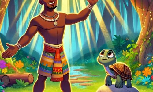 Kofi, ein großer und muskulöser Mann mit einem warmen Lächeln, trägt ein buntes Tuch und eine Perlenkette. Seine Augen strahlen Hoffnung aus, während er im Mittelpunkt der Szene steht und die Arme gen Himmel hebt, als rufe er das Licht herbei. Neben ihm steht Tiko, eine kleine weise Schildkröte mit einem bunten Panzer. Sie schaut Kofi bewundernd an, ihre Augen funkeln vor Weisheit, während sie auf einem Felsen in seiner Nähe steht, bereit, ihm bei seiner Suche zu helfen. Ihre Umgebung ist eine magische Lichtung im Herzen eines dichten Waldes, wo Sonnenstrahlen durch das Laub brechen und leuchtende Blumen und majestätische Bäume erhellen. Der Boden ist mit grünen und goldenen Blättern bedeckt, was eine warme und einladende Atmosphäre schafft. Die Hauptsituation zeigt Kofi und Tiko vereint in dieser Lichtung, während Kofi das magische Licht aufnimmt, das aus einer versteckten Quelle strömt, bereit, die Farben und die Freude in sein Dorf zurückzubringen.