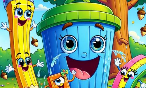 Don Pepe, el personaje principal, es un gran y alegre contenedor de basura azul con una tapa verde, mostrando una amplia sonrisa y ojos brillantes de emoción. Se encuentra en el centro de la imagen, riendo mientras protege a sus amigos de una lluvia de bellotas. Rosita, la regla flexible y sonriente, está a su derecha, inclinándose hacia adelante con una expresión divertida. A la izquierda, Lolo, el lápiz amarillo brillante, se frota la cabeza con una expresión perpleja. Tira, la goma rosa, salta alegremente, salpicada de agua y hojas, con una sonrisa traviesa. La escena tiene lugar en un claro soleado del bosque, rodeado de árboles majestuosos y un pequeño arroyo brillante al fondo. La banda de amigos está en medio de una aventura hilarante, riendo y protegiéndose de las bellotas lanzadas por ardillas traviesas, creando una atmósfera alegre y llena de vida.