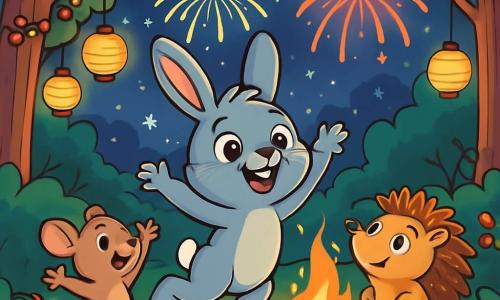 Ein kleiner grauer Hase namens Lenny, mit großen neugierigen Augen und einem strahlenden Lächeln, steht im Zentrum einer Lichtung, die von funkelnden Laternen erleuchtet wird. Er hüpft vor Freude, während seine langen, weichen Ohren hinter ihm wehen, und bewundert das Feuerwerk, das am sternenklaren Himmel explodiert. Neben ihm seine beste Freundin, eine kleine Maus namens Mia, mit hellbraunem Fell und funkelnden Augen, die glücklich die Pfoten in die Luft hebt. Ein Stück weiter schaut Igor, der kleine Igel mit goldenen Stacheln, fasziniert zum Himmel. Die Lichtung ist von majestätischen Bäumen umgeben, die mit bunten Beeren geschmückt sind, und der Boden ist mit goldenen Blättern bedeckt. In der Mitte knistert ein großes Lagerfeuer und sorgt für eine wohltuende Wärme in der festlichen Atmosphäre. Die Hauptsituation zeigt Lenny und seine Freunde, die den Jahreswechsel feiern, begeistert von dem strahlenden Feuerwerk, das den Nachthimmel erhellt, voller Freude und Vorfreude auf das kommende Jahr.