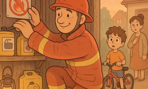 Hombre bombero de rostro tranquilo y sonriente, chaqueta roja algo gastada y casco, arrodillado asegurando bidones amarillos en una estantería de madera; niño de unos 6 años, pelo castaño alborotado y ojos maravillados, sostiene una pequeña bicicleta roja junto a la puerta del granero observando al bombero; mujer adulta (Ana), unos 40 años, pelo recogido en moño, aliviada pero algo preocupada, mano en el pecho en el dintel de la casa cercana; lugar: gran hangar de madera al aire libre, suelo de tierra con herramientas y cajas polvorientas, bidones amarillos etiquetados “pintura” y “gasolina”, pequeña linterna con luz cálida, llovizna empezando y cielo naranja del crepúsculo; situación: el bombero asegura los bidones y cuelga un cartel colorido “No fuego” con una llama tachada; ambiente suave de prevención y calma.