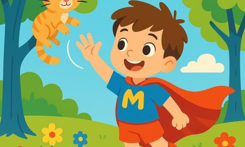 A young superhero boy named Max, with a big joyful smile, wears a shiny red cape that floats behind him. He has messy brown hair and sparkling eyes of excitement as he uses his power to levitate a small kitten. The kitten, a little male with soft striped fur and green eyes, looks at Max with admiration from a tree branch. The setting is a sunny park filled with blue-trunked trees and colorful flowers dancing in the wind. The sky is a bright blue, dotted with fluffy white clouds. Max, with a wave of his hand, safely floats the kitten to the ground, creating a scene full of magic and joy.
