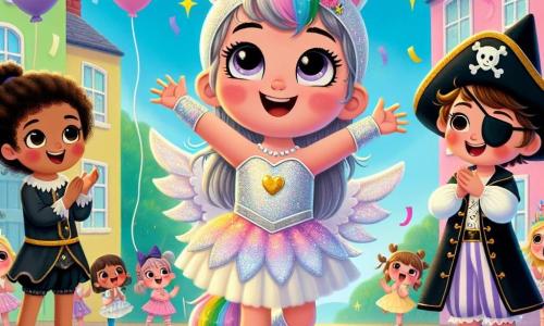 Ein 3-jähriges Mädchen, Mia, steht im Mittelpunkt des Bildes. Sie trägt ein glitzerndes Einhornkostüm mit einer Regenbogenmähne und einer kleinen goldenen Krone. Ihr Gesicht strahlt Freude und Staunen aus, während sie mit ausgebreiteten Armen in die Luft schwebt, ein großes Lächeln auf ihrem Gesicht. Neben ihr steht ein 4-jähriger Junge, Luca, verkleidet als Pirat mit einem schwarzen Hut und einem Augenband, der bewundernd die Arme in die Luft hebt. Er steht auf dem Boden, umgeben von anderen Kindern, die applaudieren. Ein weiteres Mädchen, die 3-jährige Anna, ist als Hexe mit einem schwarzen Kleid und einem spitzen Hut verkleidet und tanzt fröhlich neben Luca. Die Szene spielt in einem bunten Dorf mit lebhaften Häusern und überall hängenden Blumenketten. Luftballons schweben am blauen Himmel, und Konfetti fällt um sie herum, was eine festliche und magische Atmosphäre schafft. Die Hauptsituation zeigt Mia, das Einhorn, das über den Karnevalszug fliegt, umgeben von ihren Freunden, die sie anfeuern und von ihrem unglaublichen Abenteuer staunen.