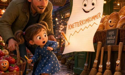Mila, 6 jaar, verwonderd en een beetje bezorgd, grote glanzende ogen, rossige wangen, lichtbruin haar in staartjes, draagt een blauw stippenjurkje en rode laarsjes, houdt een geel potlood en kijkt naar een stukje papier dat tot leven komt; haar vader, ongeveer 35 jaar, glimlachend maar verrast met stoppels en een kaki jas, houdt een rieten mand naast haar en buigt zich beschermend; de boodschappenlijst is gepersonifieerd: een wit papier met een klein getekend gezicht, expressieve wenkbrauwen en bewegende letters, zweeft boven Mila’s hand en schrijft in springende oranje letters "KNETTERKOMKOMMER"; op de achtergrond een kleurrijke markt met houten kramen, glimmende appels, een bakkerij met gouden broden, lampionnen en natte kasseien die licht weerspiegelen; de scène is komisch-magisch en rondom lijken marktplaatsobjecten lichtjes te leven (een knipogend brood, een rij bezems die opricht).