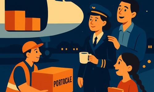 Căpitanul Mara, pilotă zâmbitoare și senină, față rotundă, păr castaniu prins în coc, în uniformă albastru închis cu bandă aurie la umeri, ține o ceașcă de ceai și privește cu mândrie cala deschisă; copilotul Radu, tânăr adult, cu expresie mirată și cămașă deschisă sub jachetă de zbor, stă lângă ușa cockpitului privind luminile insulei prin fereastră, mâna pe umărul Marei; un agent de sol de circa 40 de ani, în vestă reflectorizantă portocalie și șapcă, coboară o ladă marcată PORTOCALE pe ramă, în fața caleașei deschise; o fetiță de vreo 8 ani din sat, în rochie roșie simplă și păr împletit, ține o carte și privește cu bucurie lăzile de pe marginea pistei; locul e o pistă de aterizare nocturnă pe o insulă mică, cer înstelat, luminile pistei galbene ca mărgele, siluetele caselor cu ferestre luminate, atmosfera e caldă și sigură, cargo-ul staționat cu cala deschisă de unde ies lăzi și parfumul de portocale, iar scena e compusă din blocuri clare de culori vii și contrastante, cu o interacțiune blândă între echipaj și localnici.