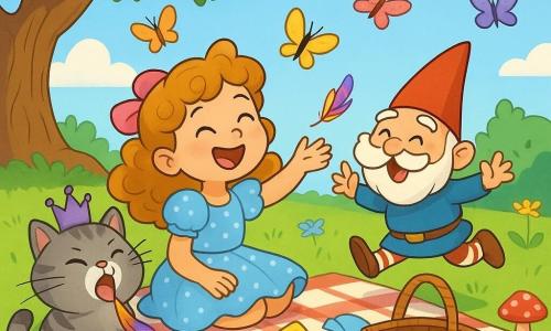 A joyful, mischievous little princess with honey-curly hair tied with a pink ribbon in a sky-blue short ruffled polka-dot dress sits on a checkered blanket by an overturned picnic basket, reaching for butterflies; nearby Sir Whiskers, a small chubby gray tabby wearing a tiny purple crown, sneezes and a colorful feather pops from beneath his crown; Gnomey Norm, a tiny gnome with a round face, big mustache, red pointed hat and striped socks, jumps near a spotted mushroom showing the recovered feather; the scene is a bright, warm meadow under a weeping willow with green grass, yellow flowers, red toadstools and fluttering multicolored butterflies, depicting a funny picnic where the wind has blown napkins and butterflies tickle sandwiches, in a whimsical, vivid, exaggerated style.
